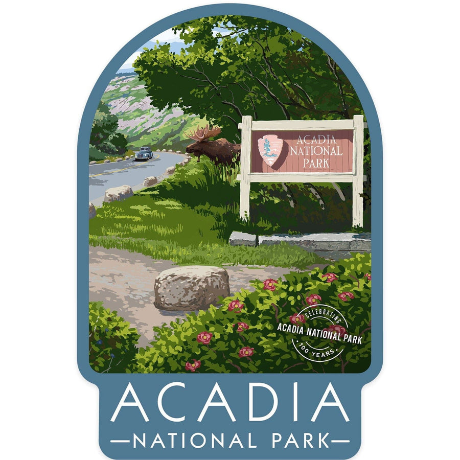 Acadia National Park, Maine, Park Entrance Sign and Moose, Contour, Vinyl Sticker Sticker Lantern Press 