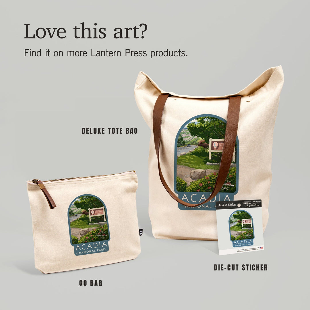 Acadia National Park, Maine, Park Entrance Sign and Moose,, Organic Cotton Zipper Pouch, Go Bag Go Bag Lantern Press 