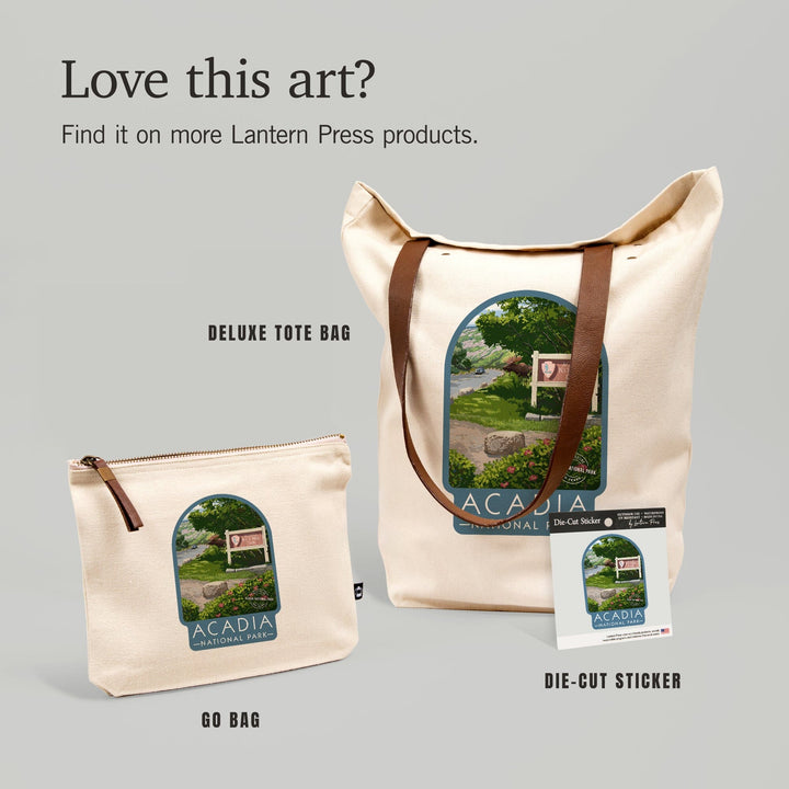 Acadia National Park, Maine, Park Entrance Sign and Moose,, Organic Cotton Zipper Pouch, Go Bag Go Bag Lantern Press 