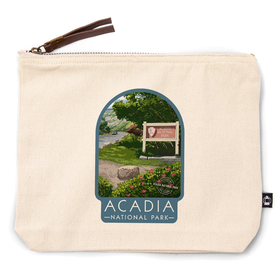 Acadia National Park, Maine, Park Entrance Sign and Moose,, Organic Cotton Zipper Pouch, Go Bag Go Bag Lantern Press 