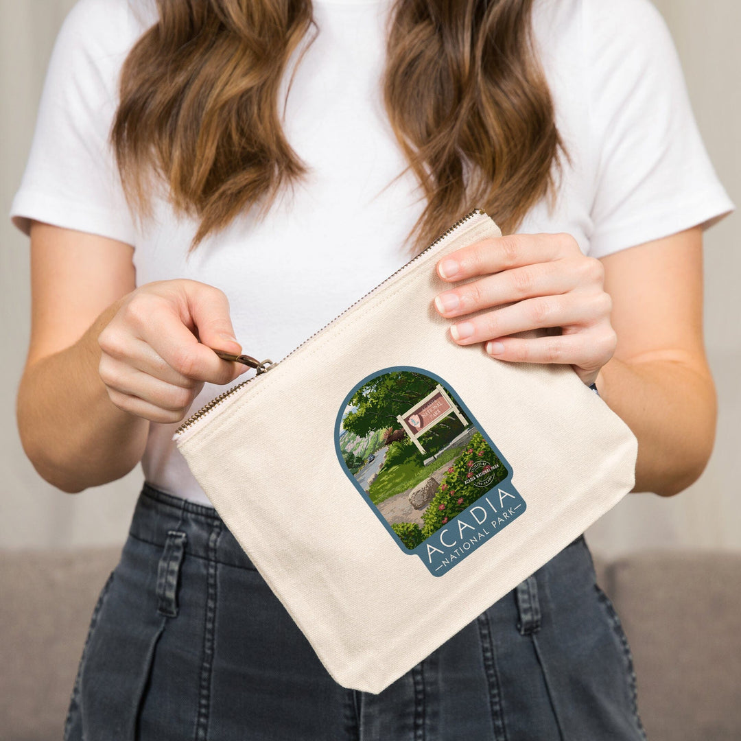Acadia National Park, Maine, Park Entrance Sign and Moose,, Organic Cotton Zipper Pouch, Go Bag Go Bag Lantern Press 