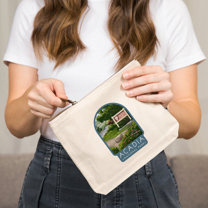 Acadia National Park, Maine, Park Entrance Sign and Moose,, Organic Cotton Zipper Pouch, Go Bag Go Bag Lantern Press 