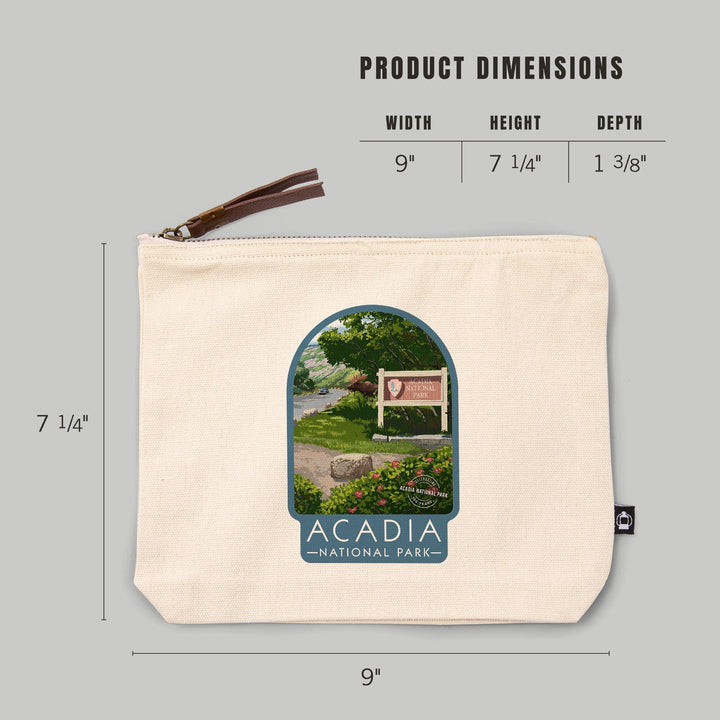 Acadia National Park, Maine, Park Entrance Sign and Moose,, Organic Cotton Zipper Pouch, Go Bag Go Bag Lantern Press 