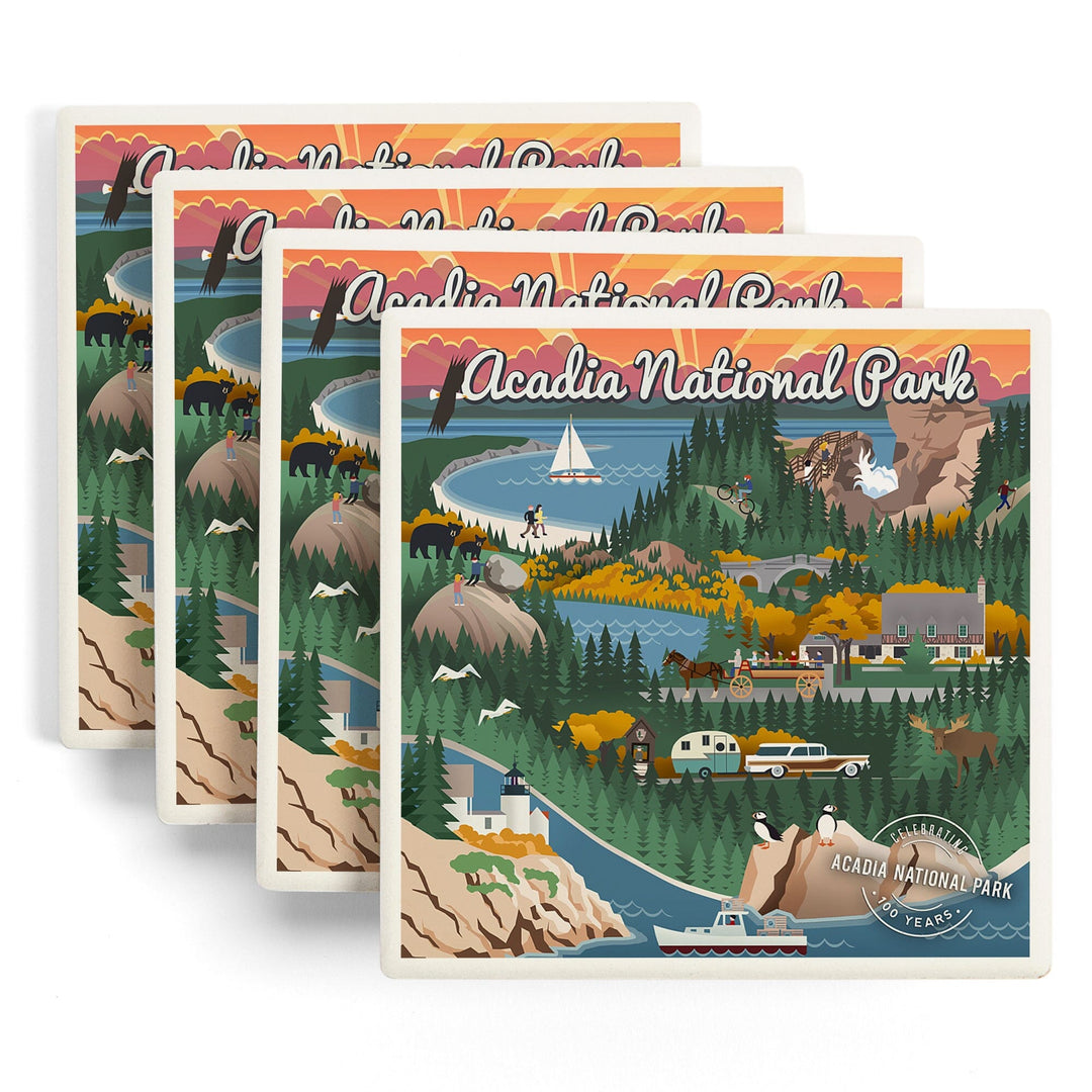 Acadia National Park, Maine, Retro View, Centennial Rubber Stamp, Coasters Coasters Lantern Press 