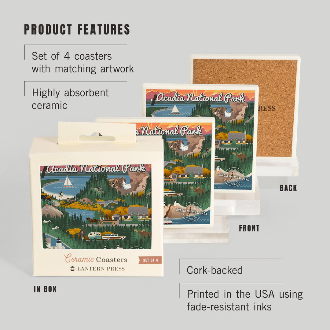 Acadia National Park, Maine, Retro View, Centennial Rubber Stamp, Coasters Coasters Lantern Press 