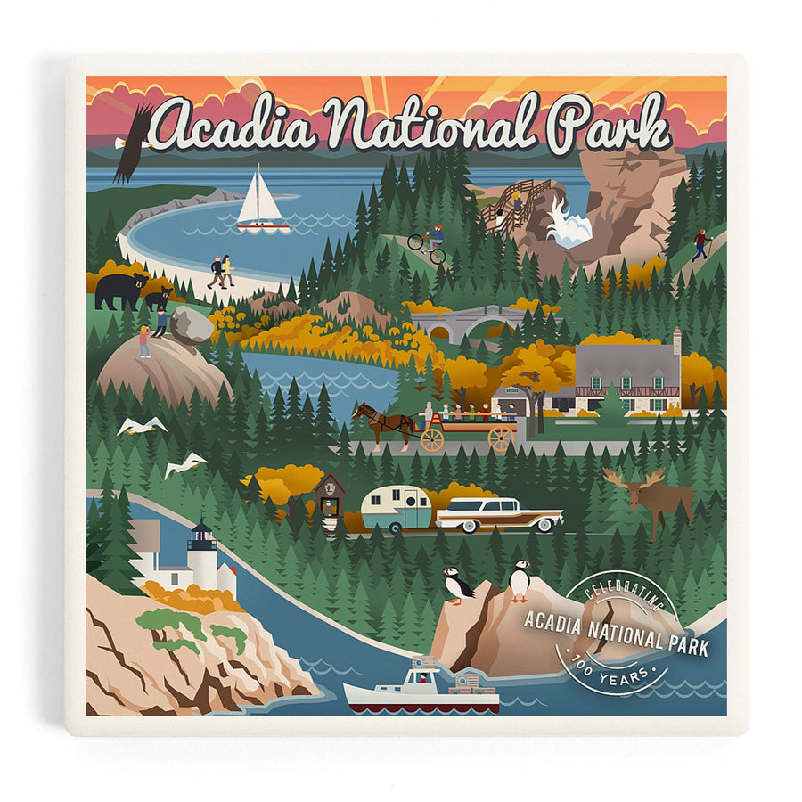 Acadia National Park, Maine, Retro View, Centennial Rubber Stamp, Coasters Coasters Lantern Press 