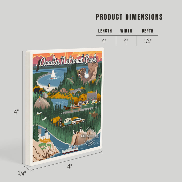 Acadia National Park, Maine, Retro View, Centennial Rubber Stamp, Coasters Coasters Lantern Press 