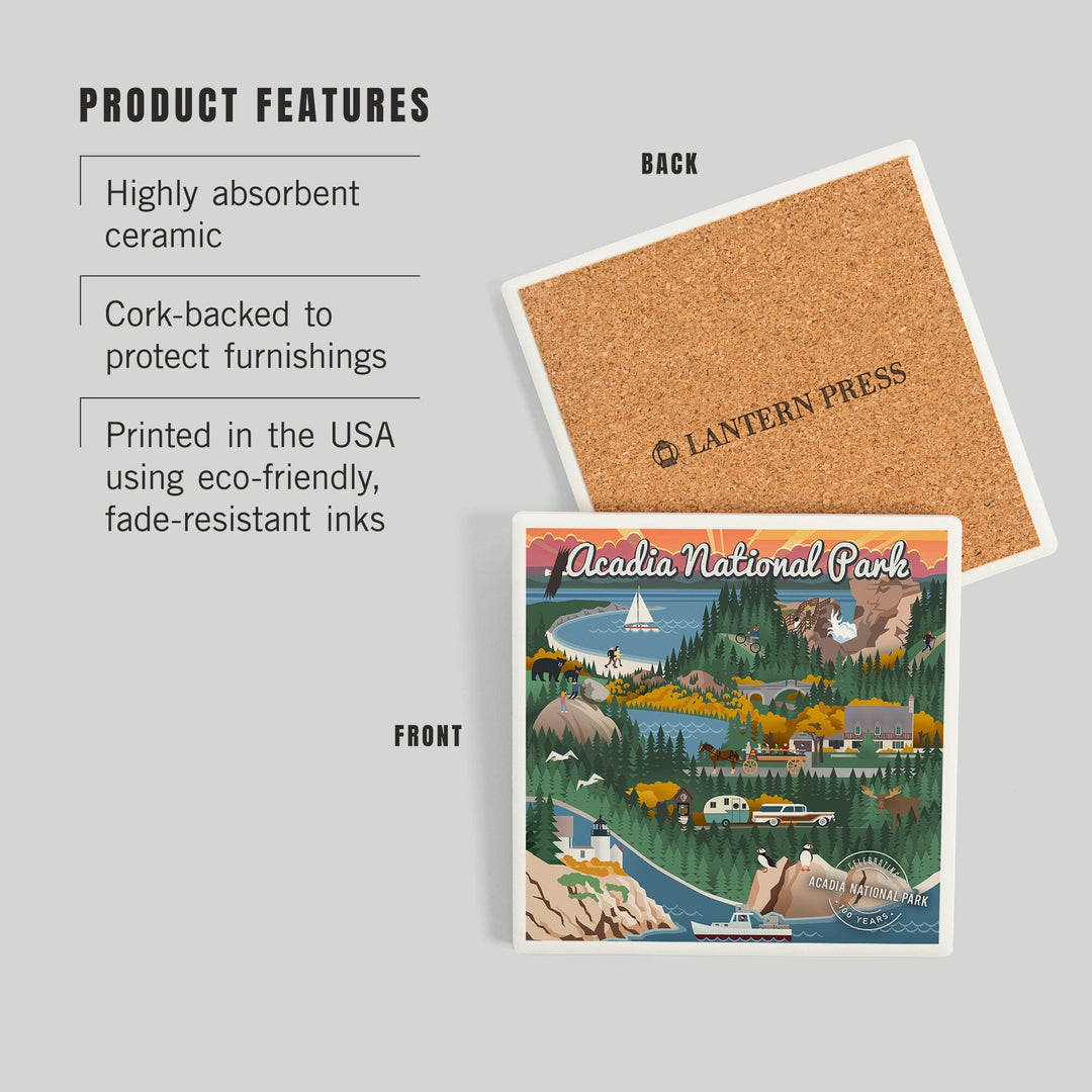 Acadia National Park, Maine, Retro View, Centennial Rubber Stamp, Coasters Coasters Lantern Press 