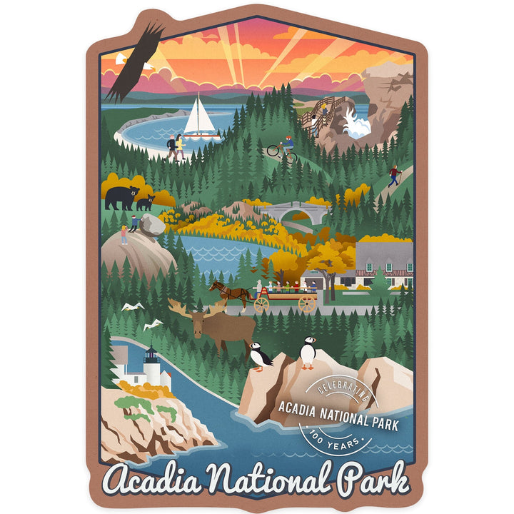 Acadia National Park, Maine, Retro View, Centennial Rubber Stamp, Contour, Lantern Press Artwork, Vinyl Sticker Sticker Lantern Press 