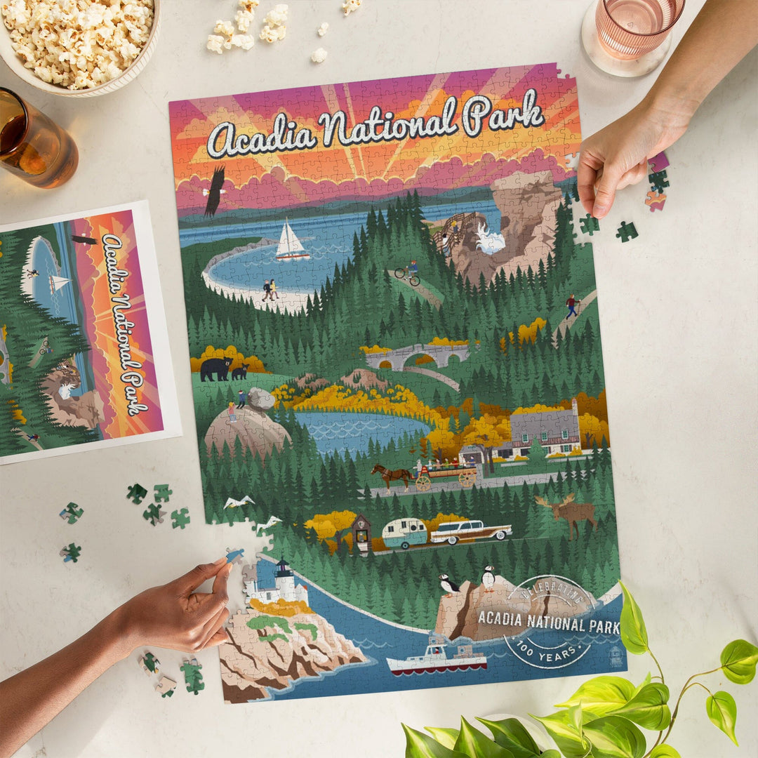 Acadia National Park, Maine, Retro View, Centennial Rubber Stamp, Jigsaw Puzzle Puzzle Lantern Press 