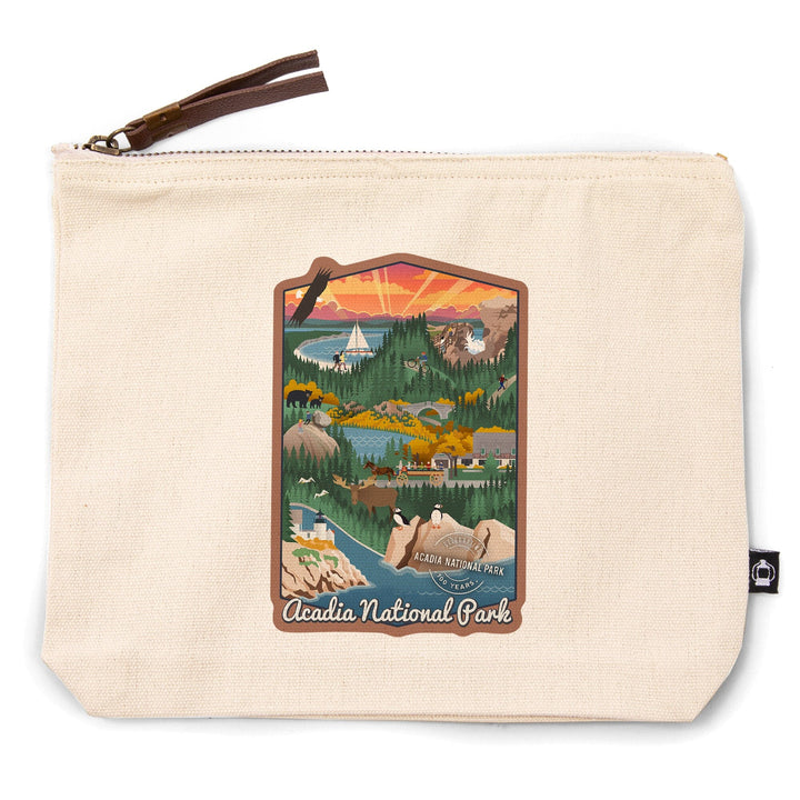 Acadia National Park, Maine, Retro View, Centennial Rubber Stamp,, Organic Cotton Zipper Pouch, Go Bag Go Bag Lantern Press 