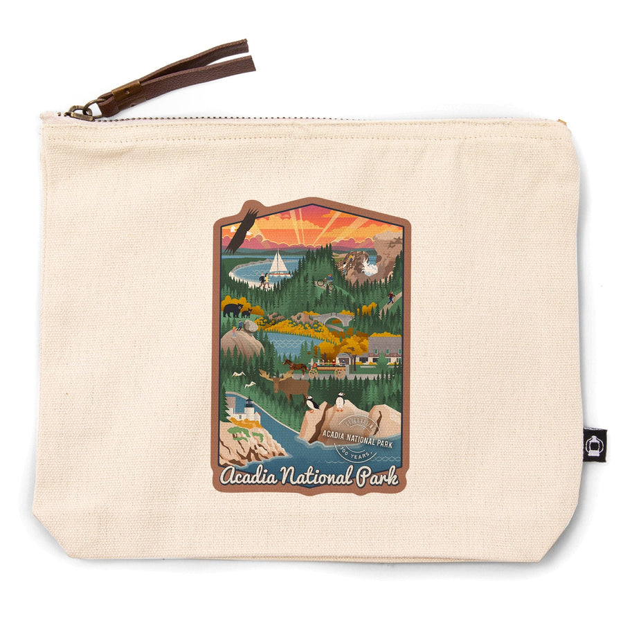 Acadia National Park, Maine, Retro View, Centennial Rubber Stamp,, Organic Cotton Zipper Pouch, Go Bag Go Bag Lantern Press 