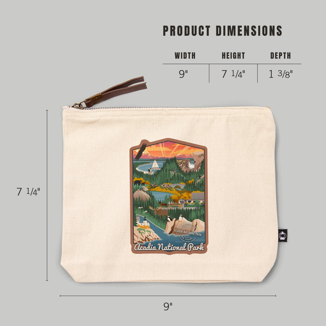 Acadia National Park, Maine, Retro View, Centennial Rubber Stamp,, Organic Cotton Zipper Pouch, Go Bag Go Bag Lantern Press 