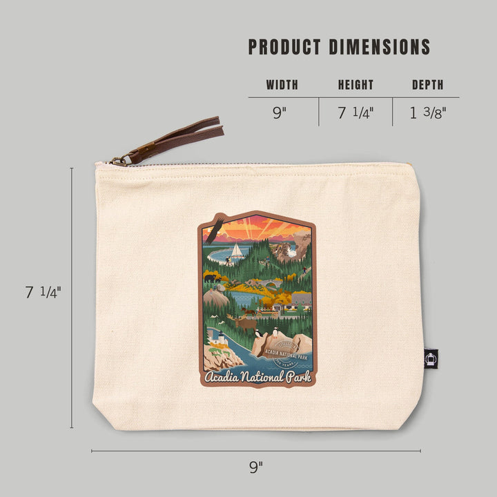 Acadia National Park, Maine, Retro View, Centennial Rubber Stamp,, Organic Cotton Zipper Pouch, Go Bag Go Bag Lantern Press 