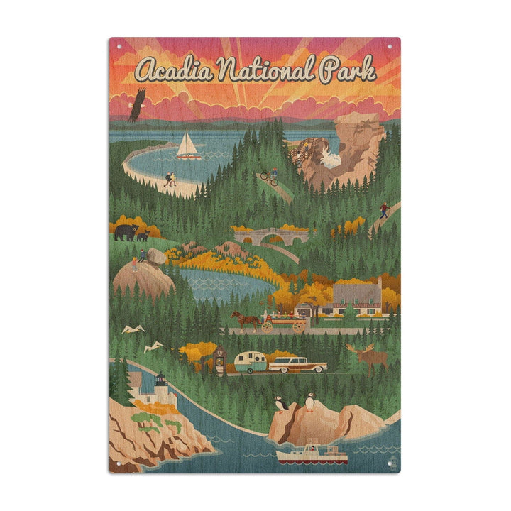 Acadia National Park, Maine, Retro View, Lantern Press Artwork, Wood Signs and Postcards Wood Lantern Press 6x9 Wood Sign 