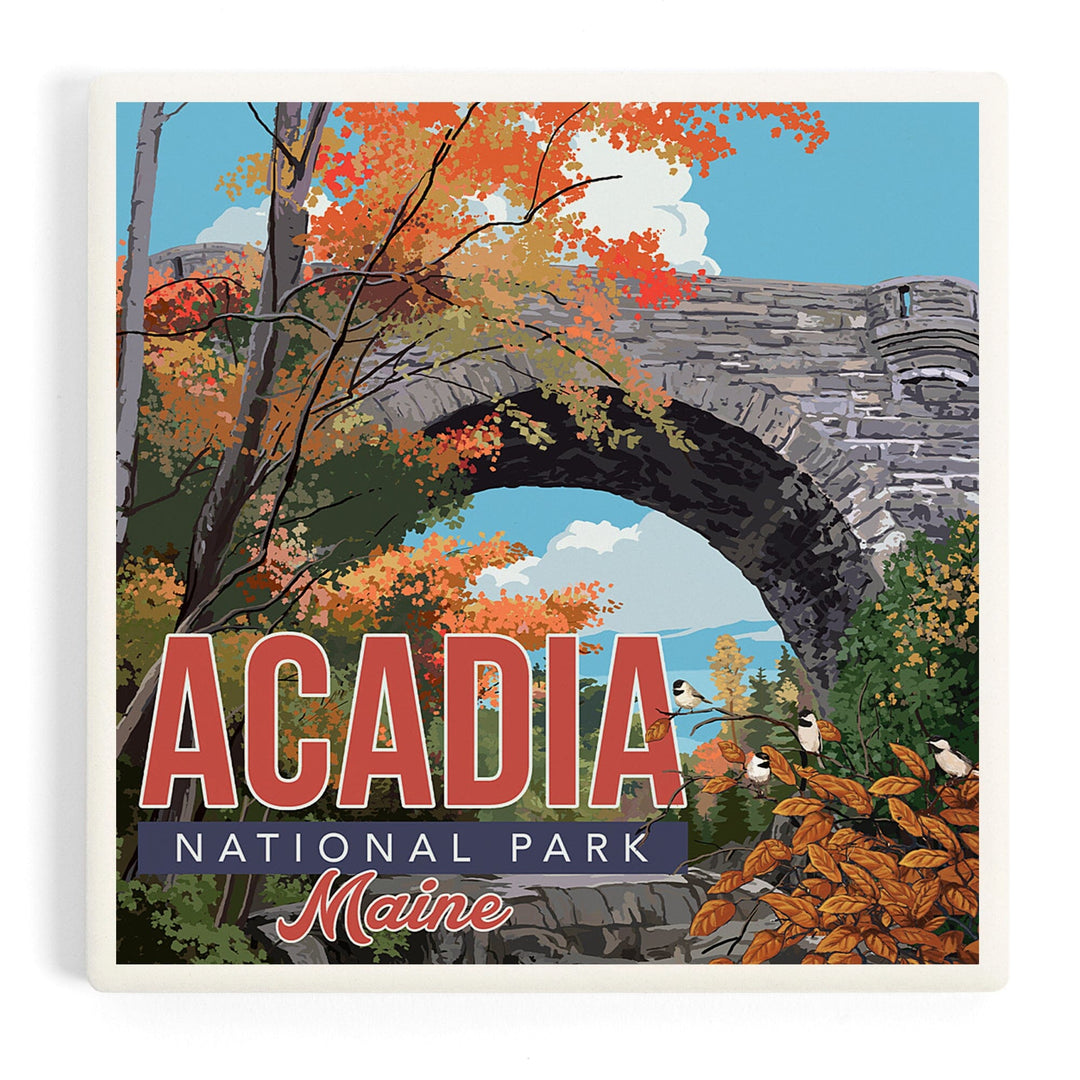 Acadia National Park, Maine, Stone Bridge Illustration, Coasters Coasters Lantern Press 