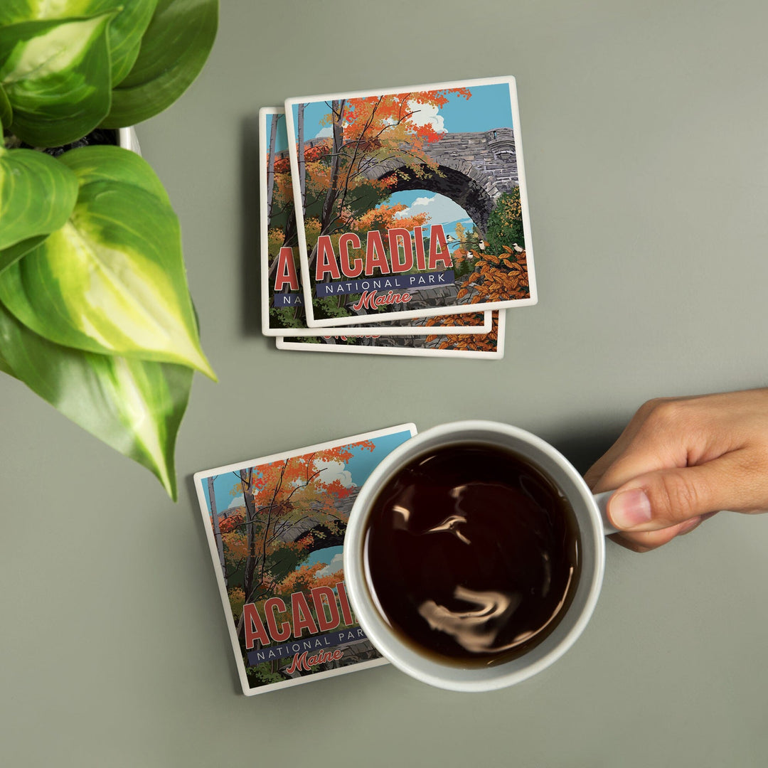 Acadia National Park, Maine, Stone Bridge Illustration, Coasters Coasters Lantern Press 