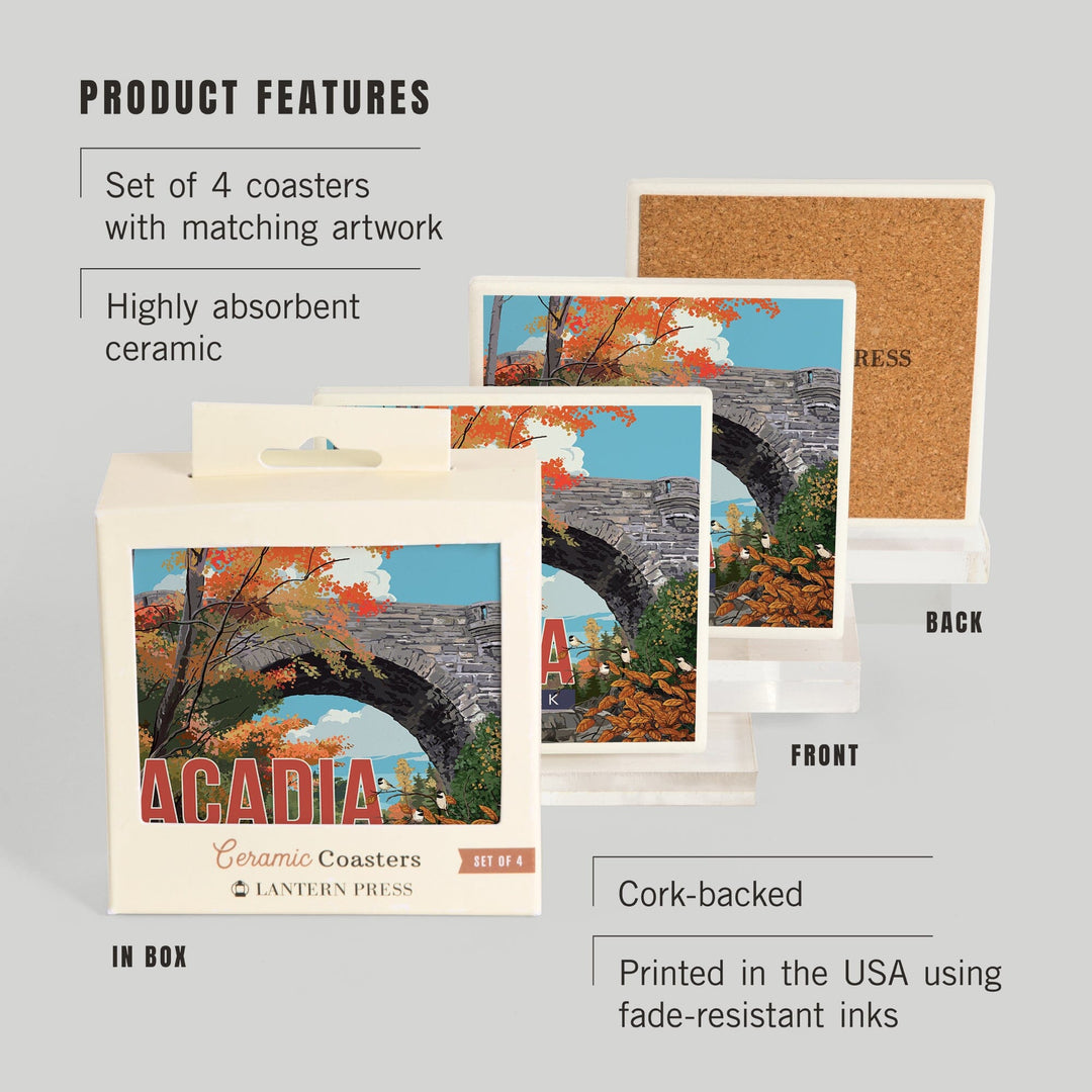 Acadia National Park, Maine, Stone Bridge Illustration, Coasters Coasters Lantern Press 