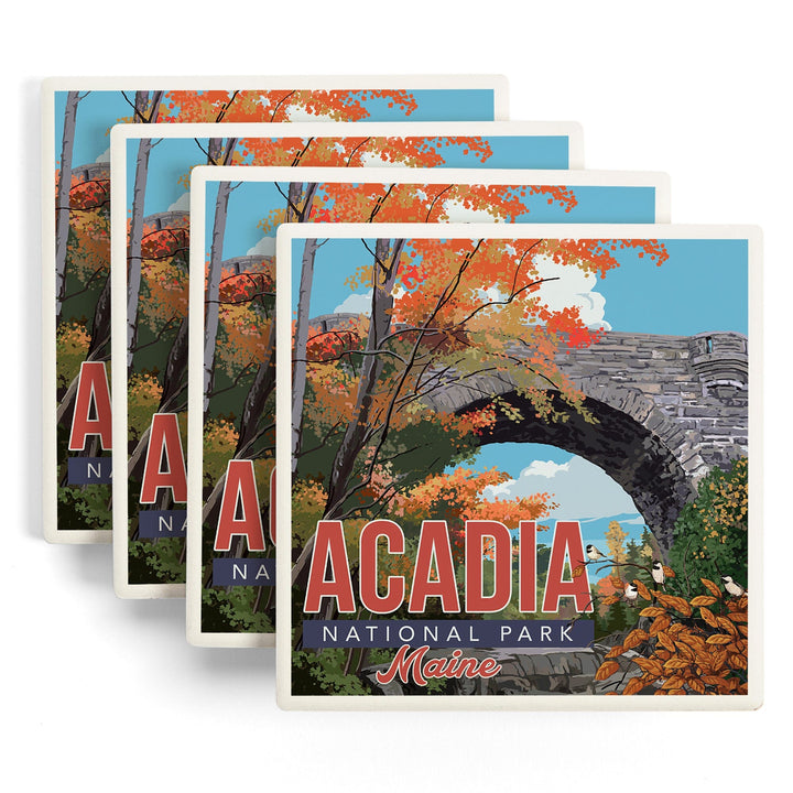 Acadia National Park, Maine, Stone Bridge Illustration, Coasters Coasters Lantern Press 