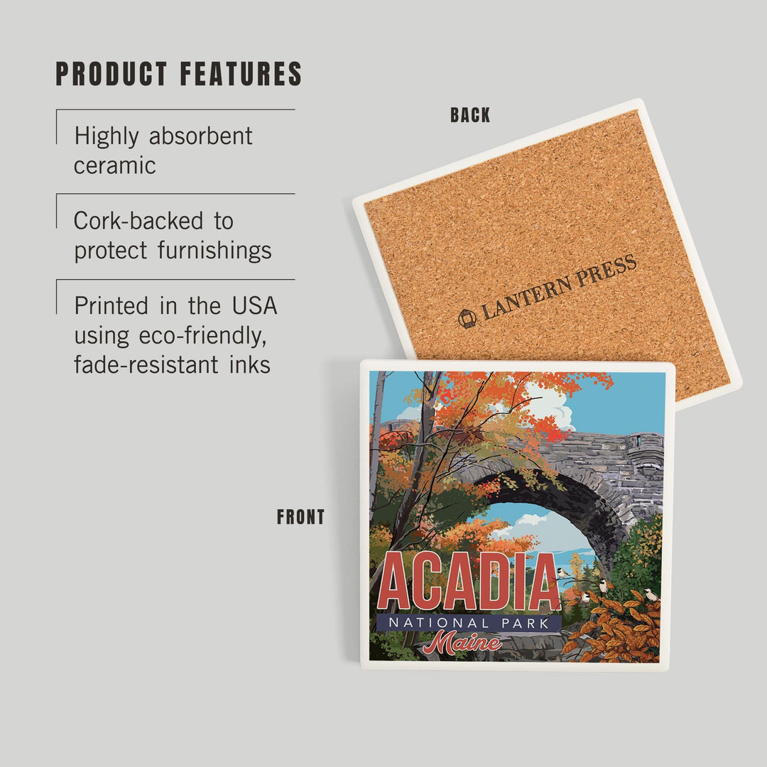 Acadia National Park, Maine, Stone Bridge Illustration, Coasters Coasters Lantern Press 