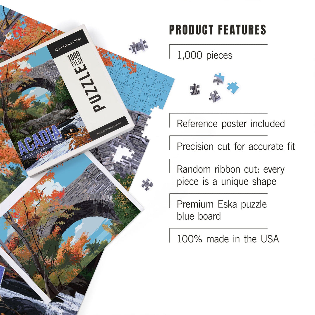 Acadia National Park, Maine, Stone Bridge Illustration, Jigsaw Puzzle Puzzle Lantern Press 
