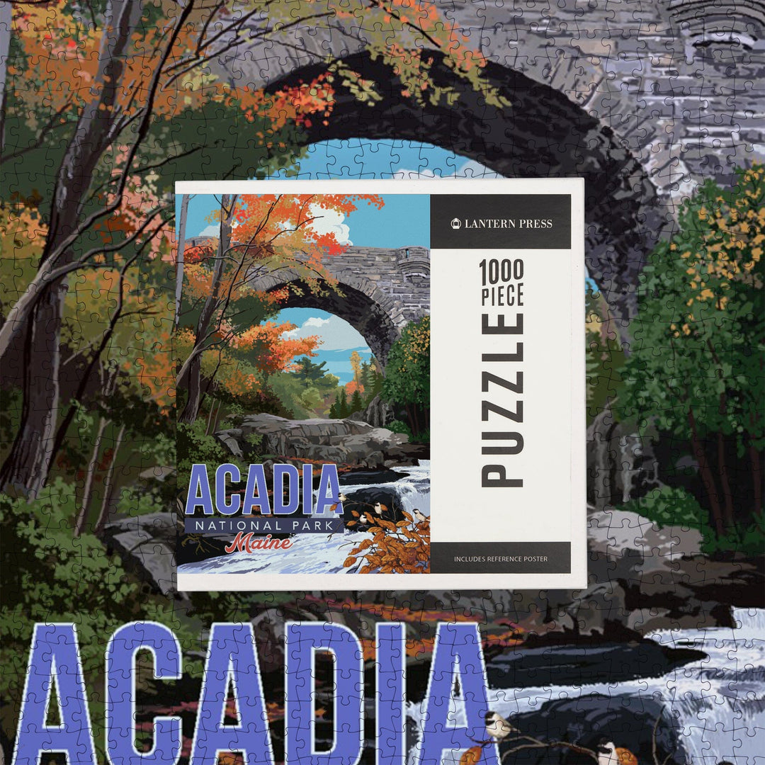 Acadia National Park, Maine, Stone Bridge Illustration, Jigsaw Puzzle Puzzle Lantern Press 