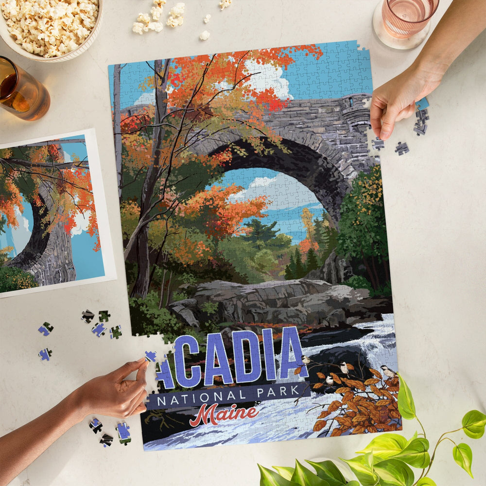 Acadia National Park, Maine, Stone Bridge Illustration, Jigsaw Puzzle Puzzle Lantern Press 
