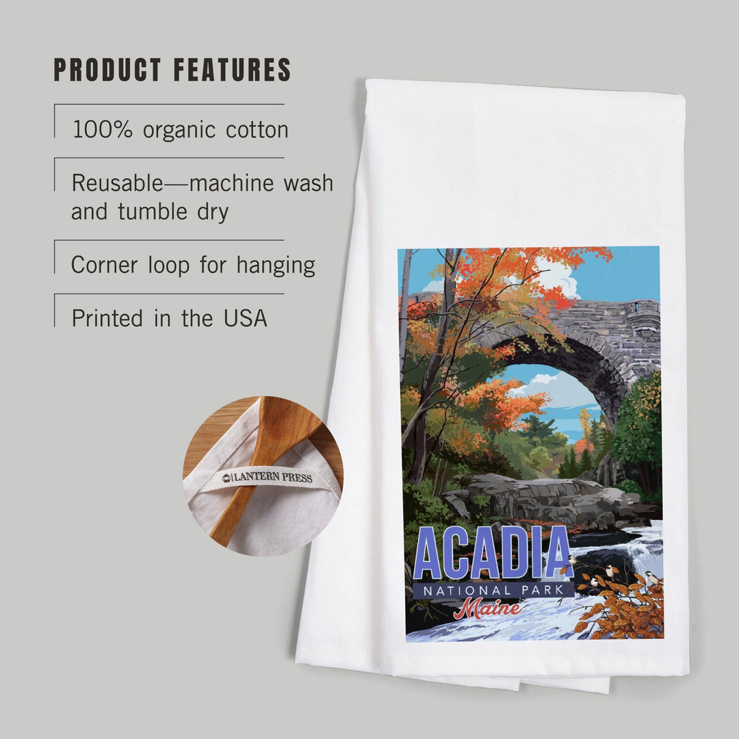 Acadia National Park, Maine, Stone Bridge Illustration, Organic Cotton Kitchen Tea Towels Kitchen Lantern Press 