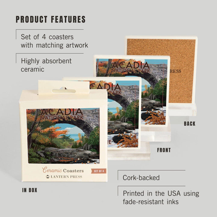 Acadia National Park, Maine, Stone Bridge, Lantern Press Artwork, Coaster Set Coasters Lantern Press 