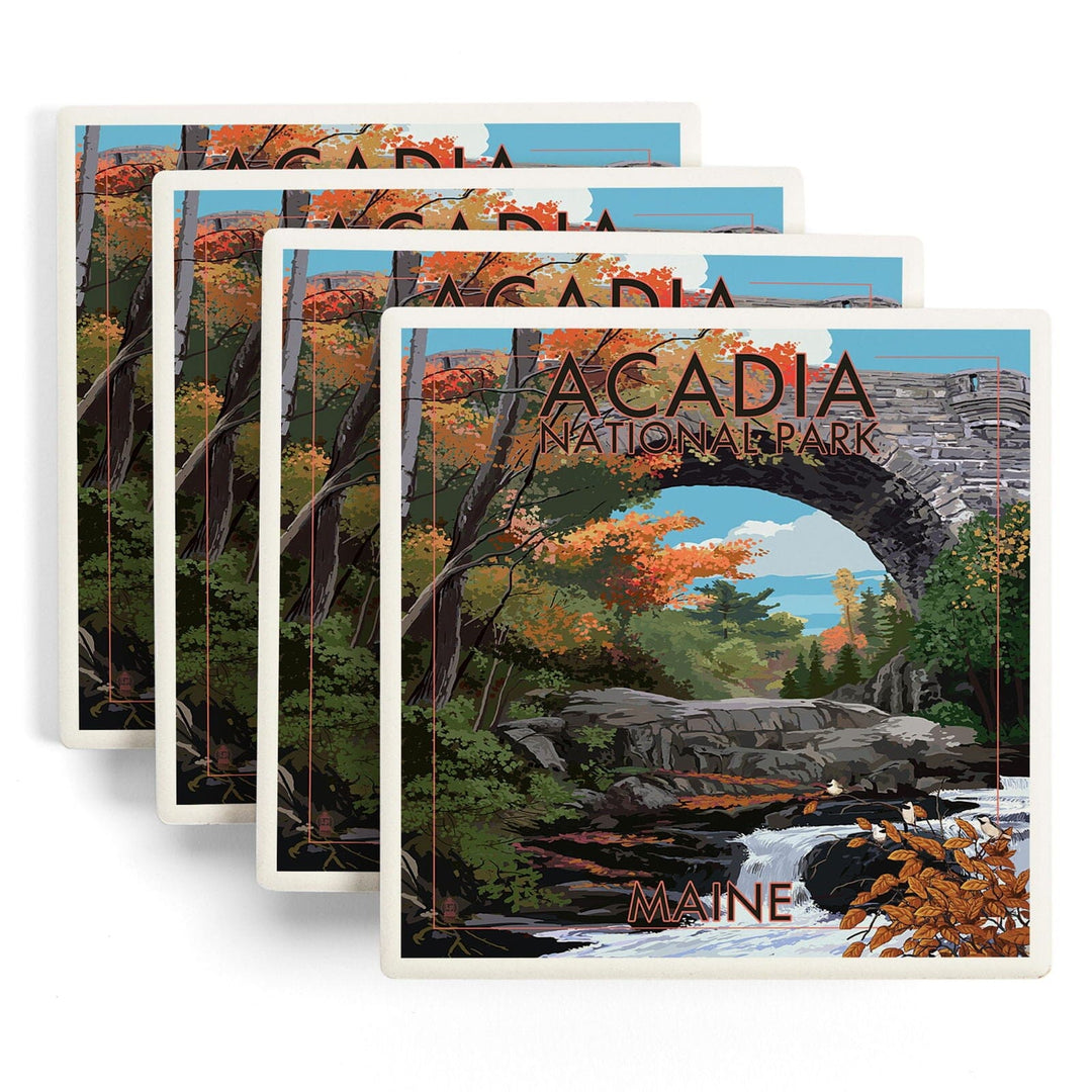 Acadia National Park, Maine, Stone Bridge, Lantern Press Artwork, Coaster Set Coasters Lantern Press 