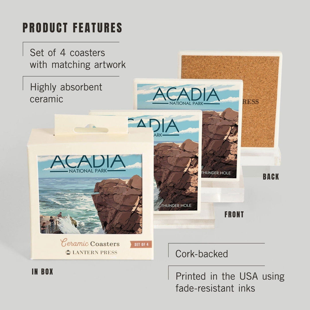 Acadia National Park, Maine, Thunder Hole Day, Lantern Press Artwork, Coaster Set Coasters Lantern Press 