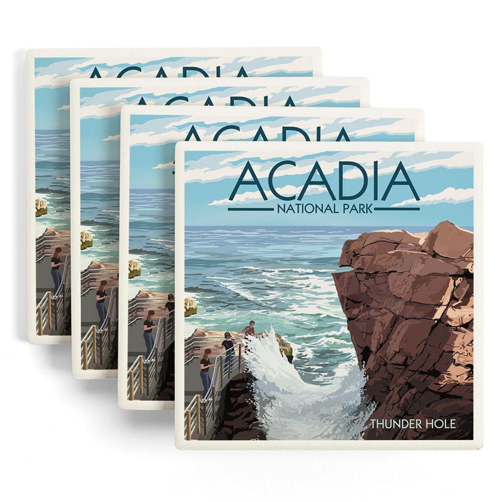 Acadia National Park, Maine, Thunder Hole Day, Lantern Press Artwork, Coaster Set Coasters Lantern Press 