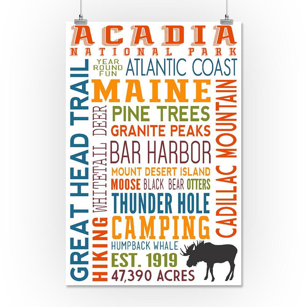 Acadia National Park, Maine, Typography, Art & Giclee Prints Art Lantern Press 