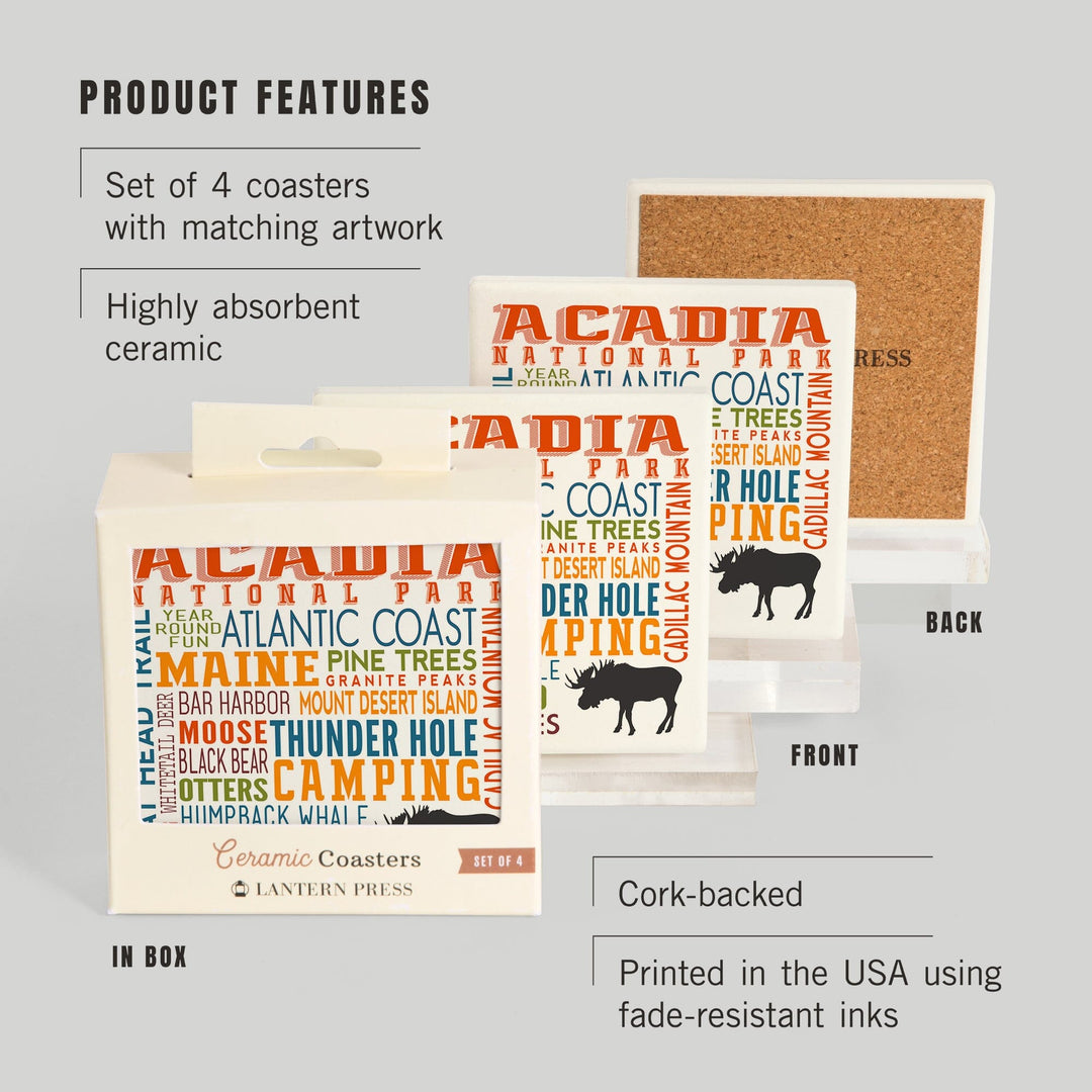 Acadia National Park, Maine, Typography, Coasters Coasters Lantern Press 
