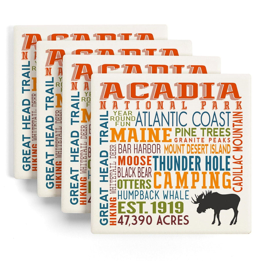 Acadia National Park, Maine, Typography, Lantern Press Artwork, Coaster Set Coasters Lantern Press 