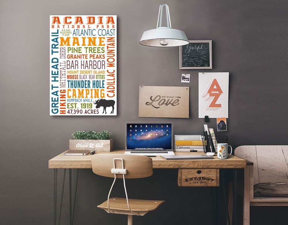 Acadia National Park, Maine, Typography, Lantern Press Artwork, Stretched Canvas Canvas Lantern Press 