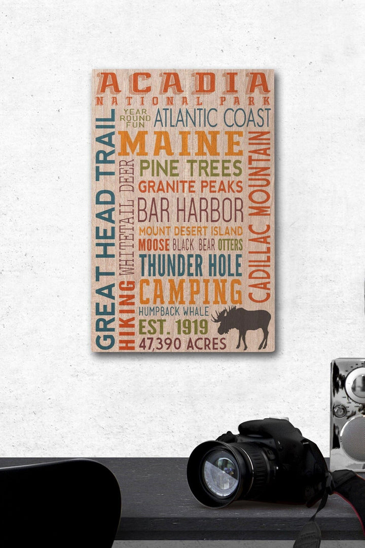 Acadia National Park, Maine, Typography, Lantern Press Artwork, Wood Signs and Postcards Wood Lantern Press 