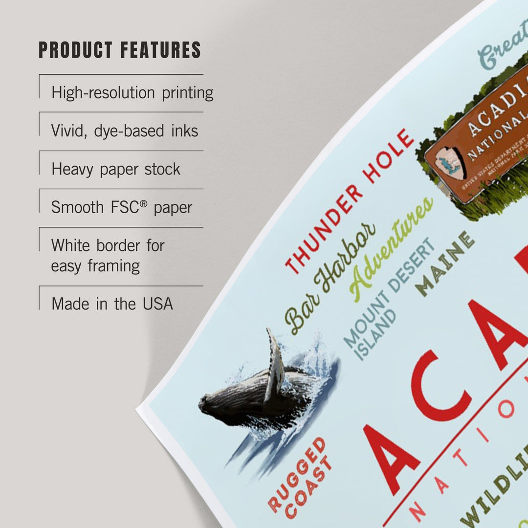 Acadia National Park, Maine, Typogrphy and Icons, Art & Giclee Prints Art Lantern Press 