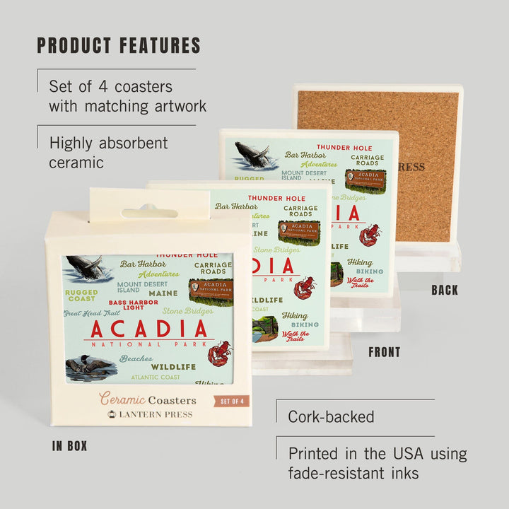 Acadia National Park, Maine, Typogrphy and Icons, Coasters Coasters Lantern Press 