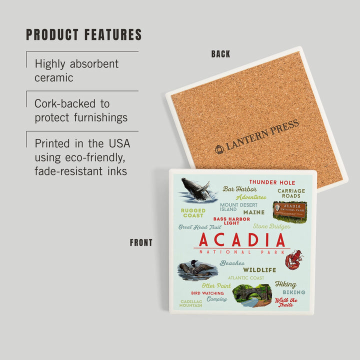 Acadia National Park, Maine, Typogrphy and Icons, Coasters Coasters Lantern Press 