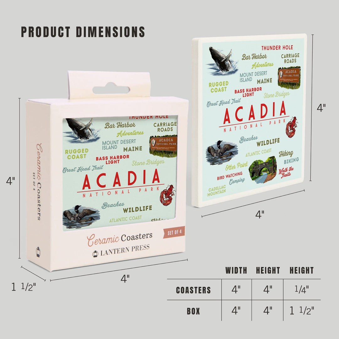 Acadia National Park, Maine, Typogrphy and Icons, Coasters Coasters Lantern Press 