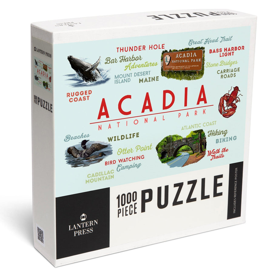 Acadia National Park, Maine, Typogrphy and Icons, Jigsaw Puzzle Puzzle Lantern Press 