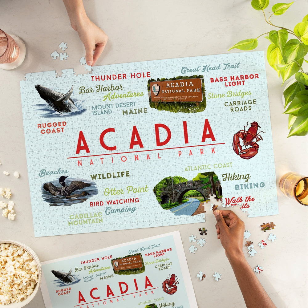 Acadia National Park, Maine, Typogrphy and Icons, Jigsaw Puzzle Puzzle Lantern Press 