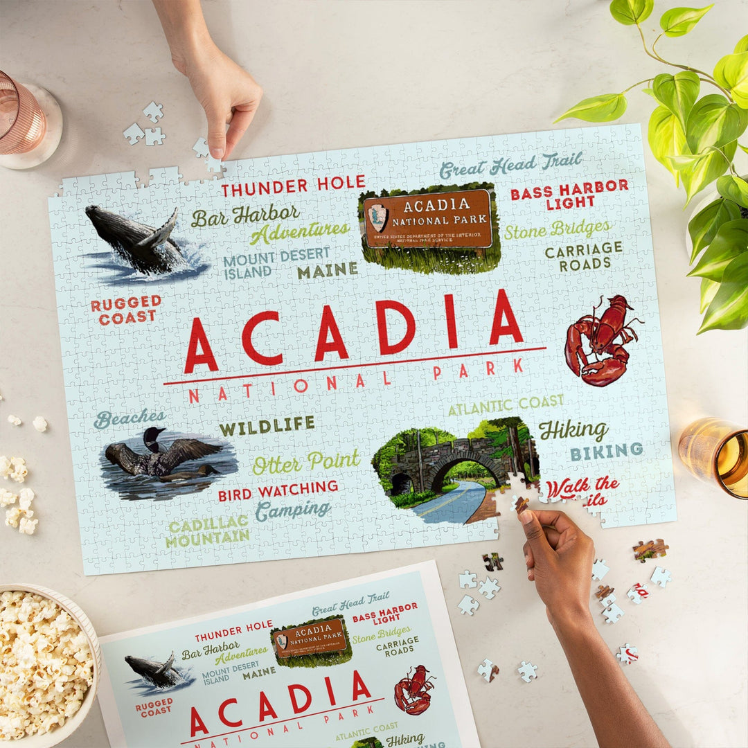 Acadia National Park, Maine, Typogrphy and Icons, Jigsaw Puzzle Puzzle Lantern Press 
