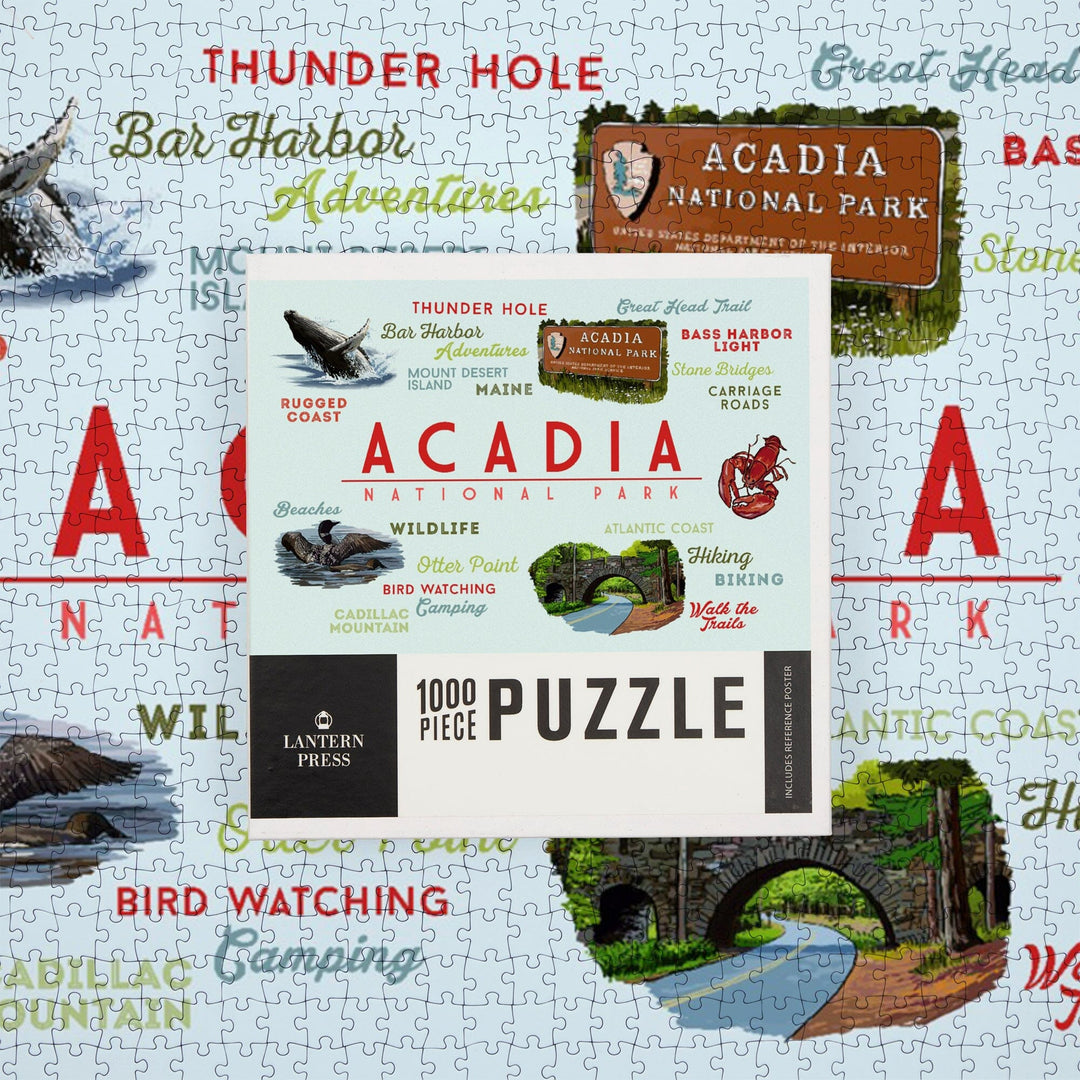 Acadia National Park, Maine, Typogrphy and Icons, Jigsaw Puzzle Puzzle Lantern Press 