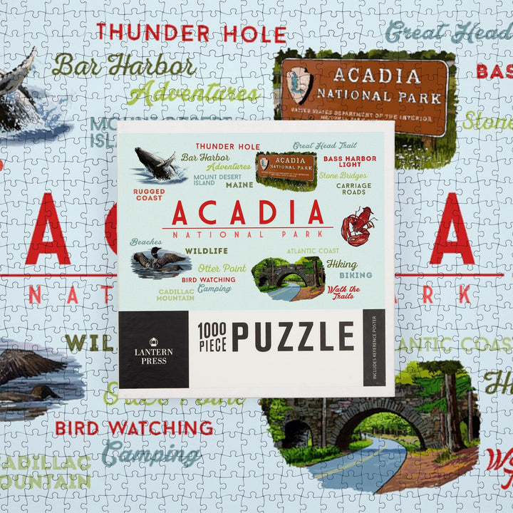 Acadia National Park, Maine, Typogrphy and Icons, Jigsaw Puzzle Puzzle Lantern Press 