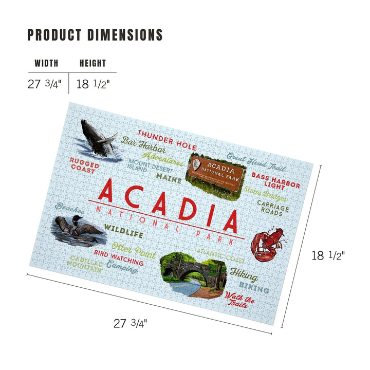 Acadia National Park, Maine, Typogrphy and Icons, Jigsaw Puzzle Puzzle Lantern Press 