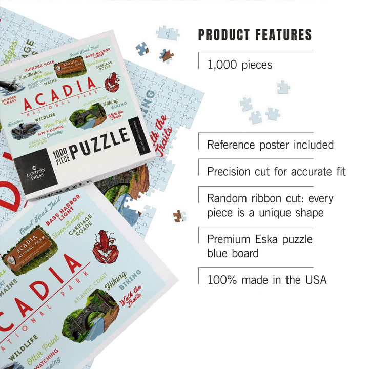 Acadia National Park, Maine, Typogrphy and Icons, Jigsaw Puzzle Puzzle Lantern Press 