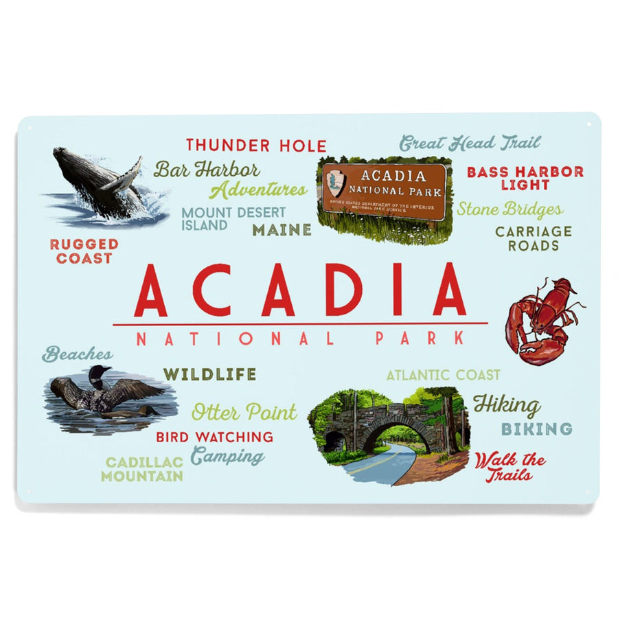 Acadia National Park, Maine, Typogrphy and Icons, Metal Signs Metal Lantern Press 