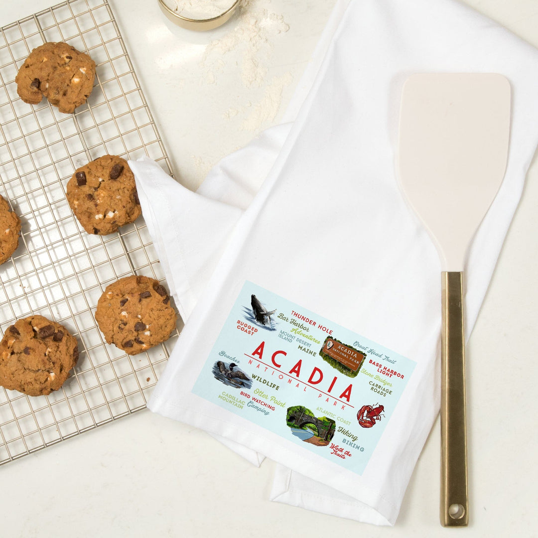 Acadia National Park, Maine, Typogrphy and Icons, Organic Cotton Kitchen Tea Towels Kitchen Lantern Press 